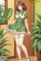 A woman in a green dress and stockings standing in front of a door.