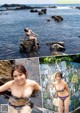 A woman in a bikini sitting on a rock in the water.