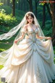 A woman in a wedding dress standing in the woods.