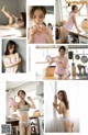 A collage of photos of a woman in underwear in a kitchen.