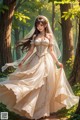 A woman in a wedding dress walking through a forest.