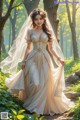 A woman in a wedding dress standing in the woods.